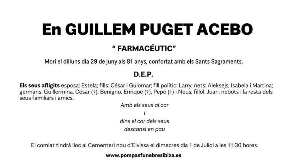 Esquela Guillem Puget Acebo