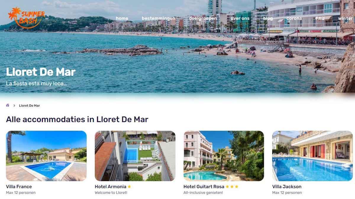 La web de Summer Bash, con algunos de los alojamientos que ofrece en Lloret de Mar