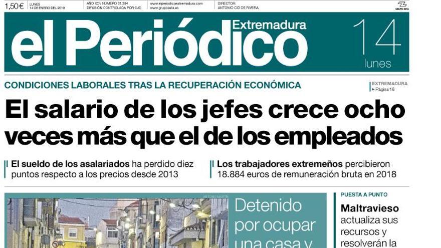 Esta es la portada de EL PERIÓDICO EXTREMADURA correspondiente al día 14 de enero del 2019