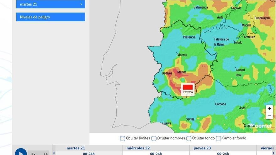 El peligro de incendios se dispara, con amplias zonas de Extremadura en nivel extremo o muy alto
