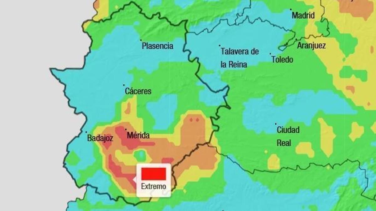 Mapa extremeño de riesgo de incendios elaborado por la Aemet.