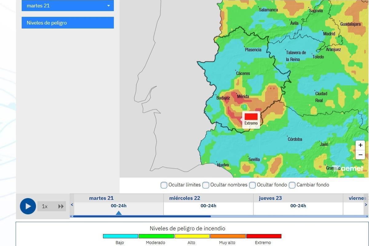 Mapa extremeño de riesgo de incendios elaborado por la Aemet.