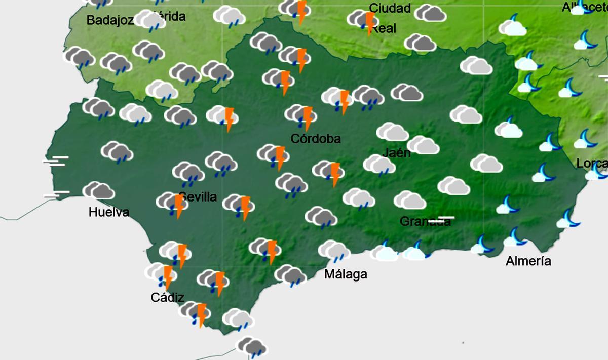 La inestabilidad llegará al miércoles. En la imagen el tiempo en Andalucía de 00.00 a 06.00 horas de este miércoles.