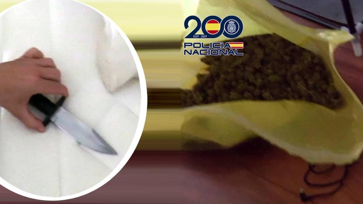 Marihuana y arma blanca hallados por los agentes durante el registro del call center de Leganés.