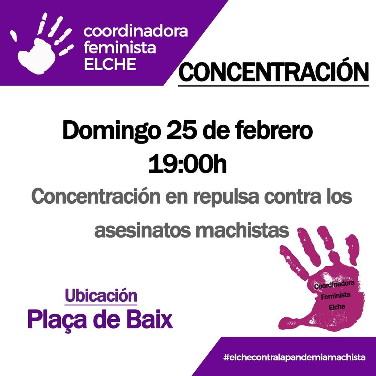El cartel de la concentración de la Coordinadora Feminista para este domingo en la Plaça Baix de Elche