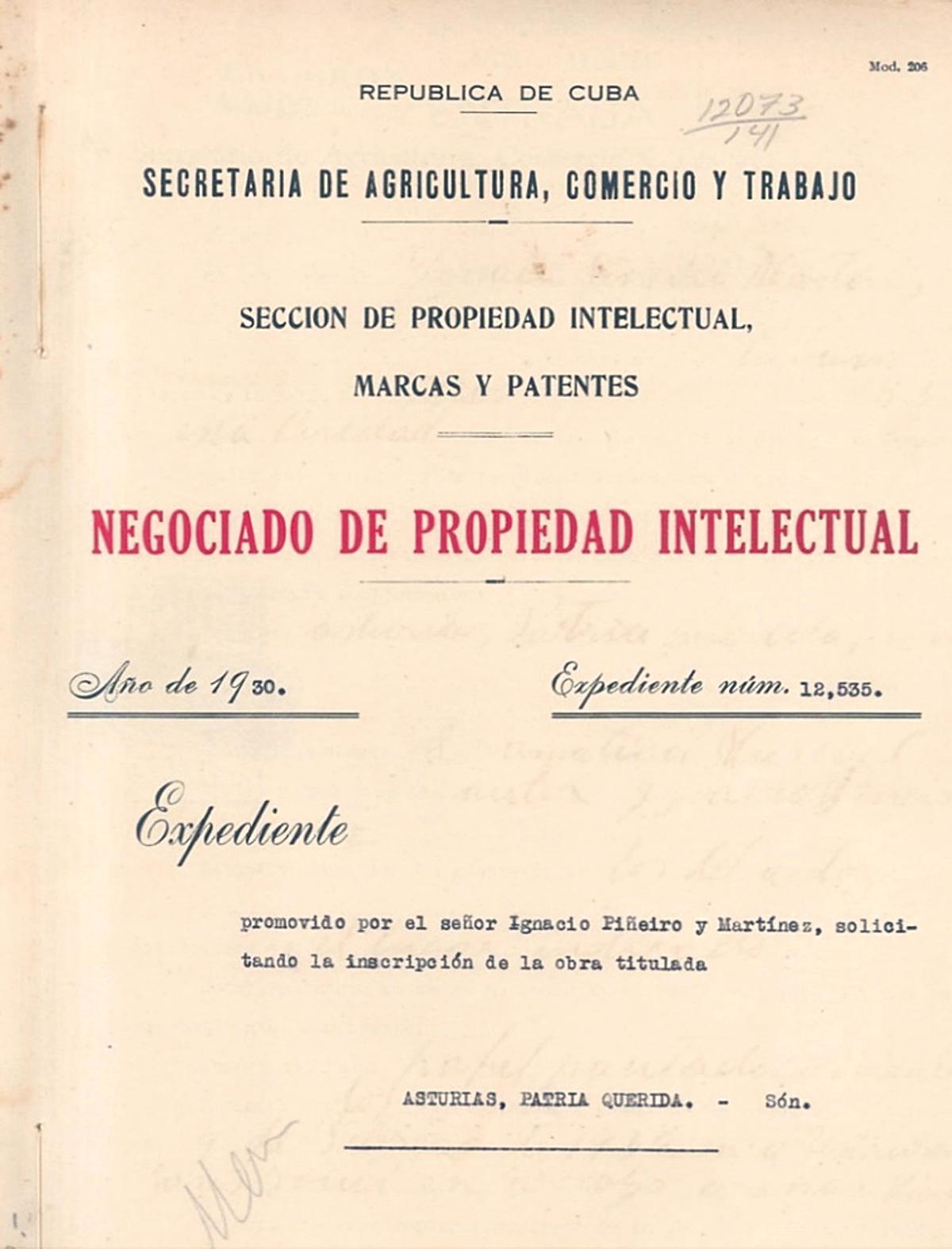 Portada del registro del son cubano "Asturias, patria querida"