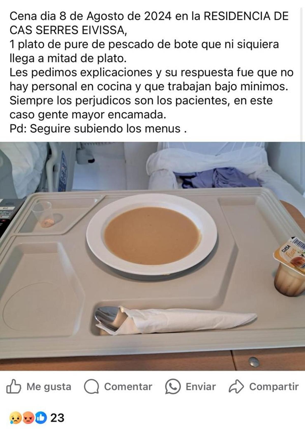 Familiares de los usuarios de Cas Serres se quejan de los menús de la residencia