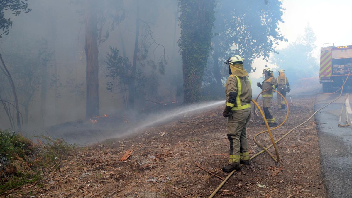 Varios bomberos forestales trabajando en el incendio de Meis del pasado 3 de agosto.