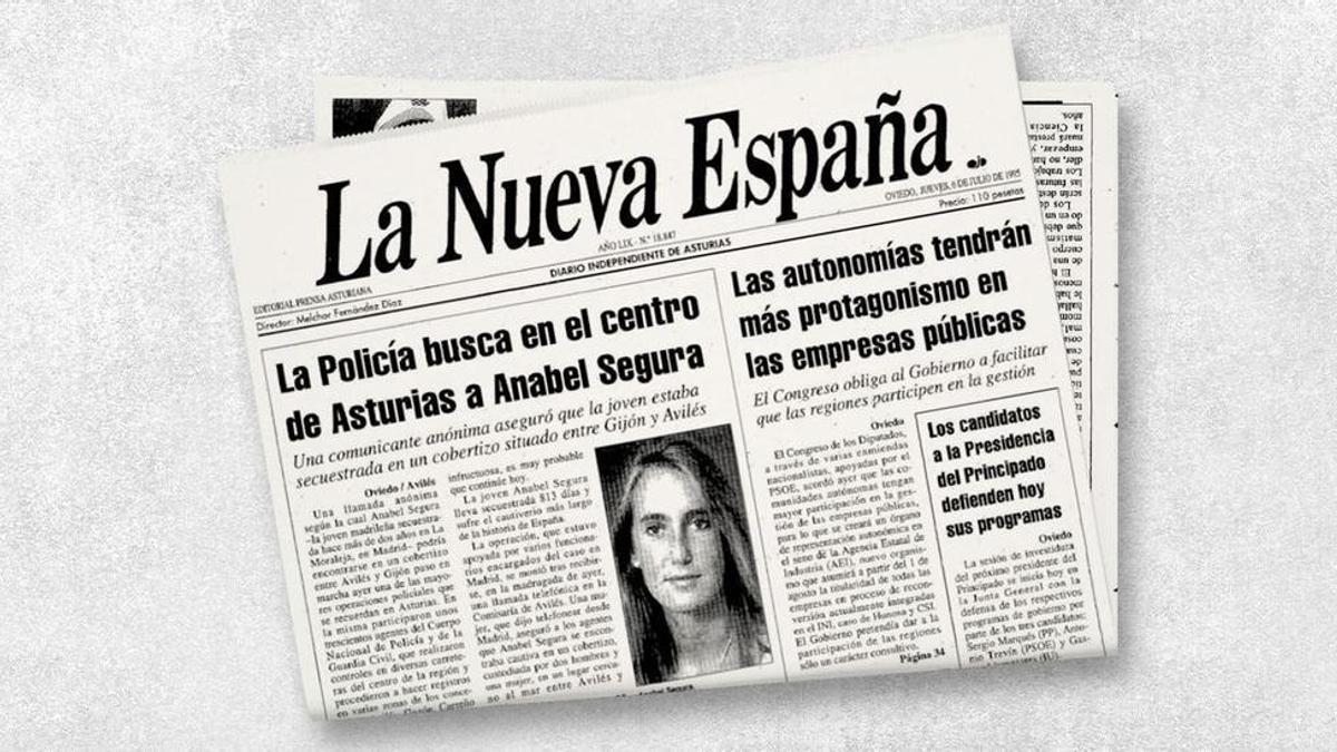 Portada de LA NUEVA ESPAÑA, del grupo Prensa Ibérica, dando cuenta de la búsqueda de Anabel Segura en Asturias en julio de 1995, tras una llamada a la Comisaría avilesina.