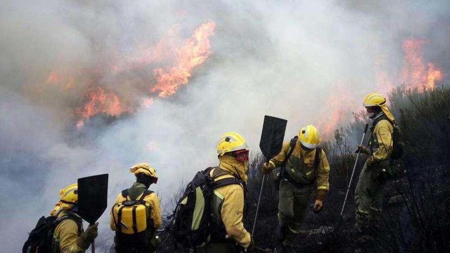 Trabajadores de la BRIF de Laza luchando ayer contra el fuego en O Barco. // @BrifLaza