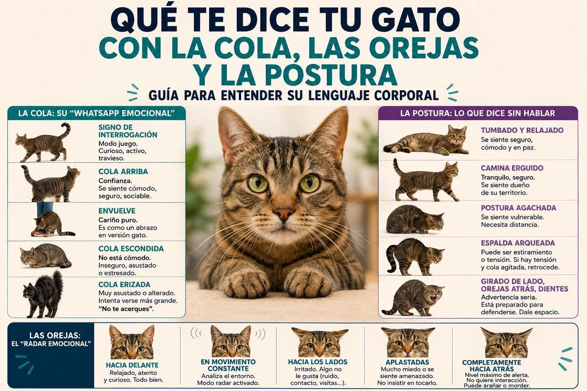 La postura, orejas y colas de los felinos te dan las pistas sobre su estado anímico y lo que te quieren comunicar.