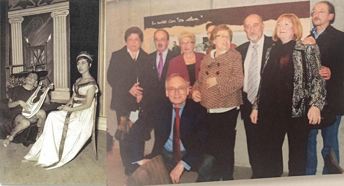 Ezequiel Méndez y Pilar Pereira. Al lado, Méndez en 2012 en primer plano con parte del elenco de ‘Os vellos non deben  namorarse’ (1961).