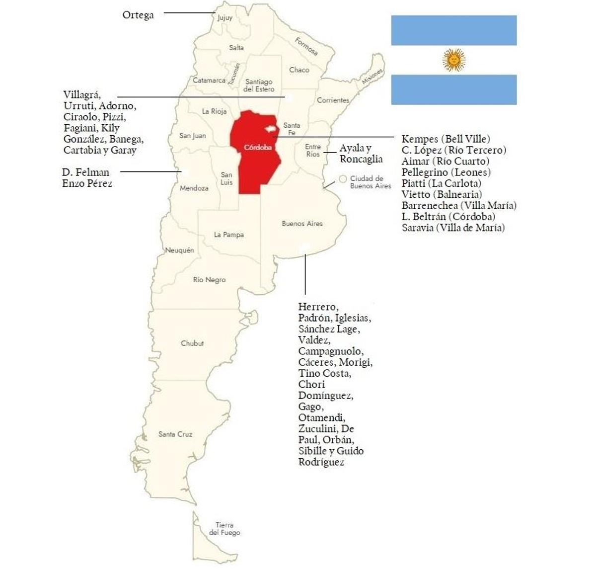 Mapa de Argentina con la procedencia por provincias de los 41 argentinos del Valencia CF