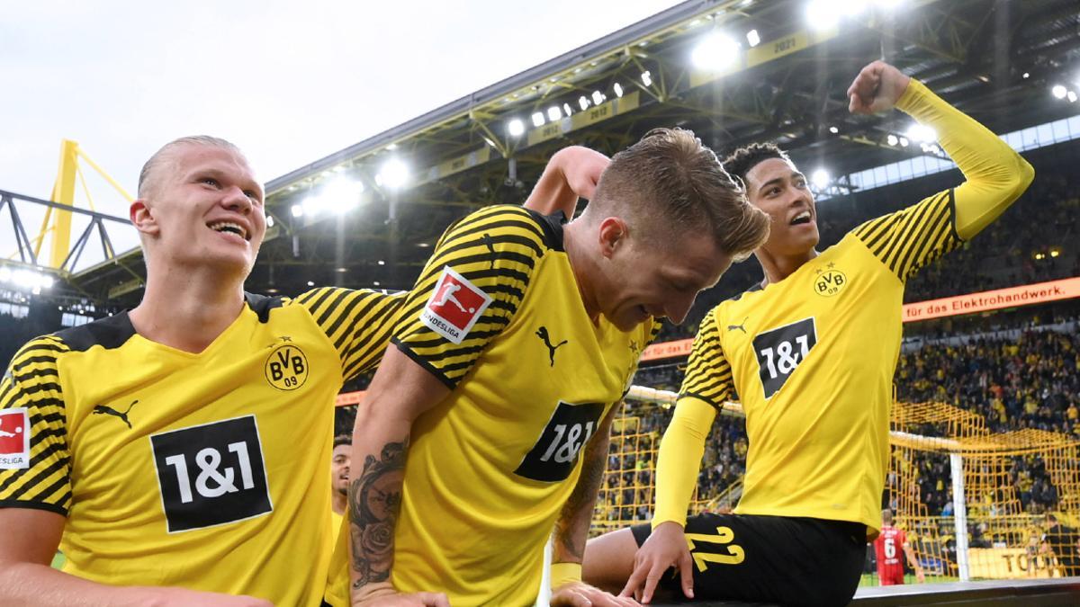 Haaland, Marco Reus y Bellingham tras el 4-2 del noruego