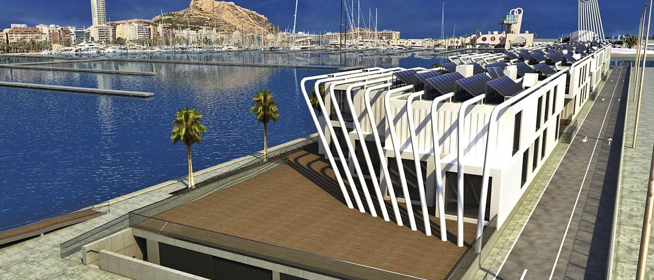 Recreación virtual del llamativo edificio de inspiración marina que Distrito Digital tendrá en el muelle 5 del Puerto de Alicante.
