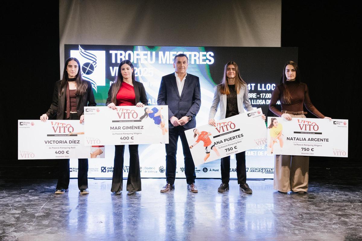 Victoria, Mar, Ana i Natalia, amb els seus xecs lliurats per Construcciones Vito