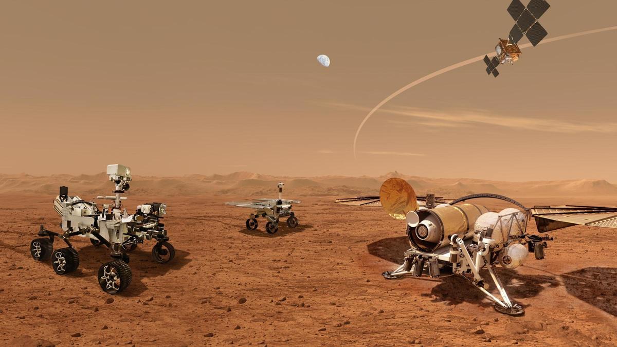 Robots que sacarán en el futuro las muestras de Marte recogidas por el rover Perseverance.