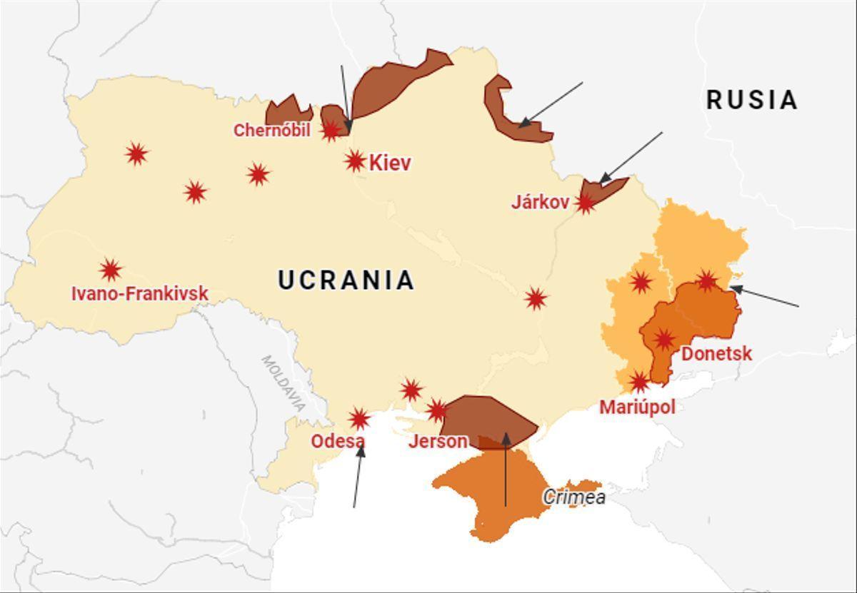 Mapa de algunas de las zonas que ha bombardeado Rusia dentro de Ucrania.