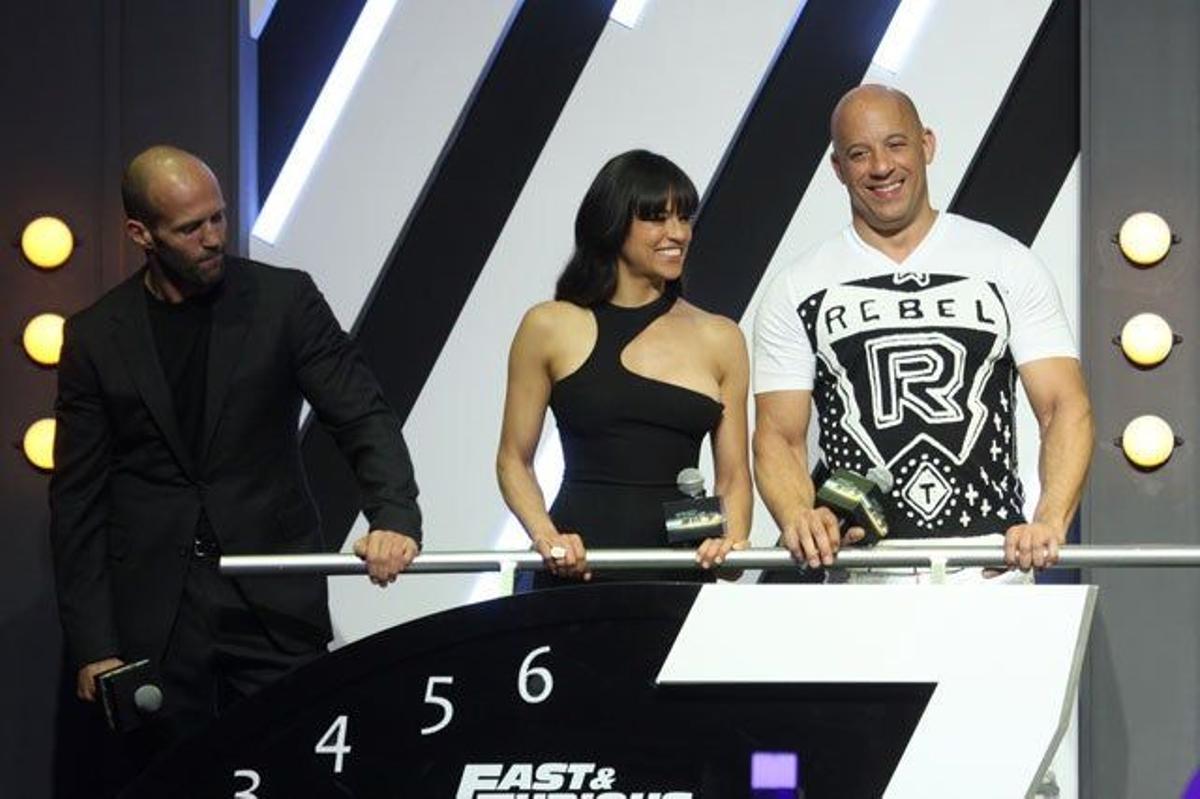 Jason Statham, Michelle Rodriguez y Vin Diesel en la première de 'Fast &amp; Furious 7' en Pekín