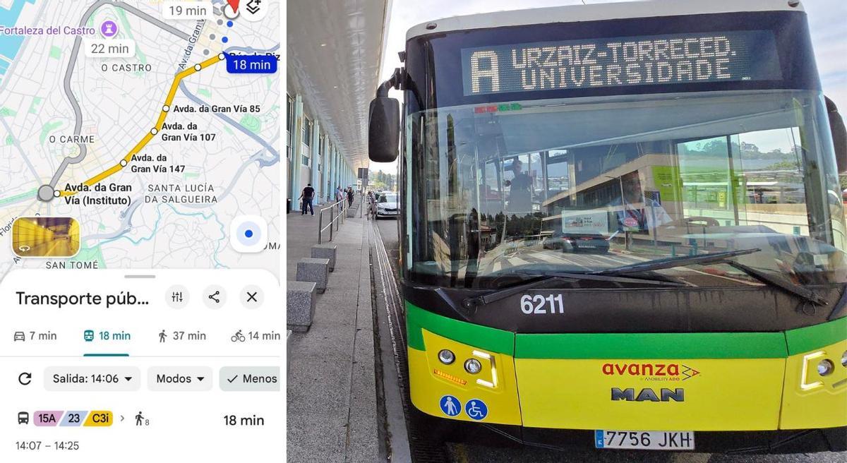 Montaje con una captura de Google Maps y un bus de Vitrasa.