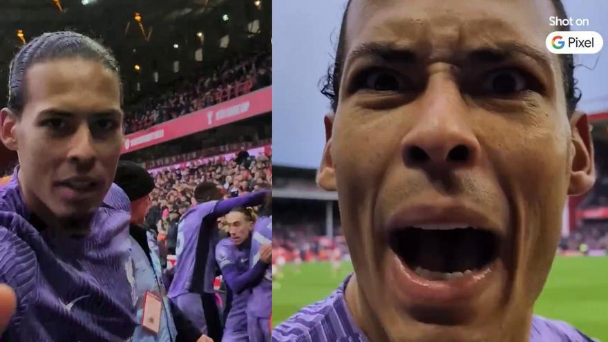 Van Dijk le roba el móvil a un aficionado para celebrar un gol