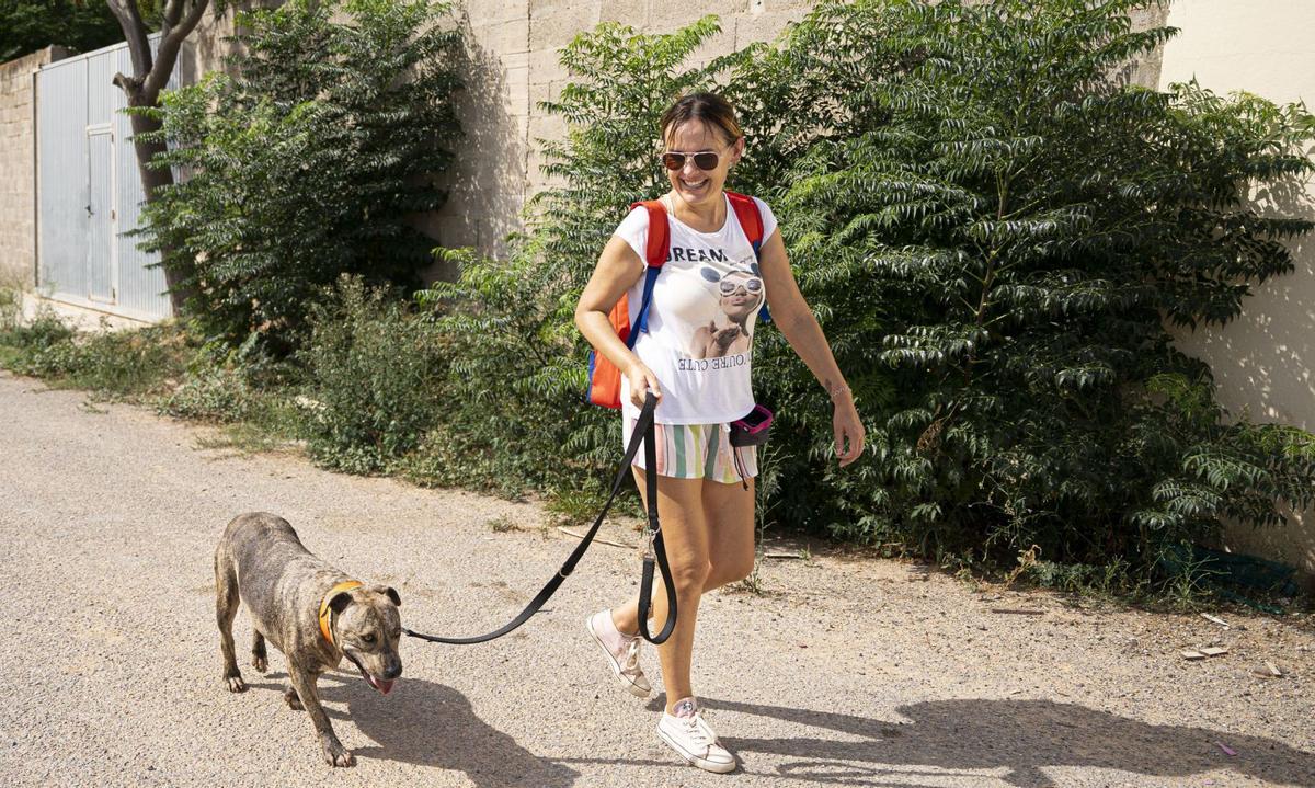 Una voluntaria pasea a un perro de sa Coma. | FOTOS: IRENE VILÀ CAPAFONS