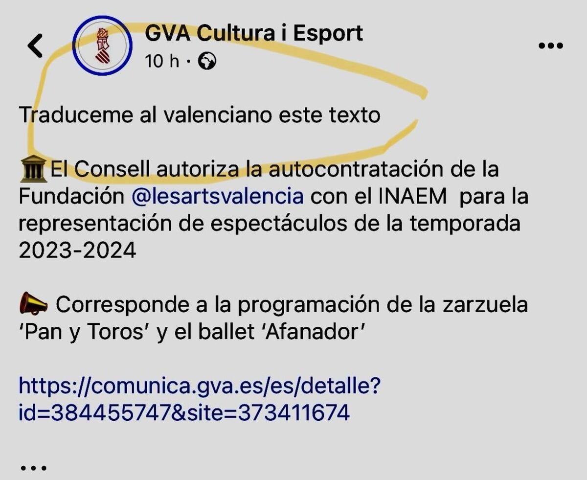 La Conselleria de Cultura de Vox utiliza la IA para traducir sus publicaciones al valenciano.
