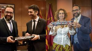 A la izquierda, en octubre del año pasado, el ’vicepresident’ Jordi Puigneró entrega la maqueta de tren al ’conseller’ de Territori y, en la imagen de la derecha, Fernàndez le da el mismo objeto a la ’consellera’ Ester Capella nombrada este lunes.