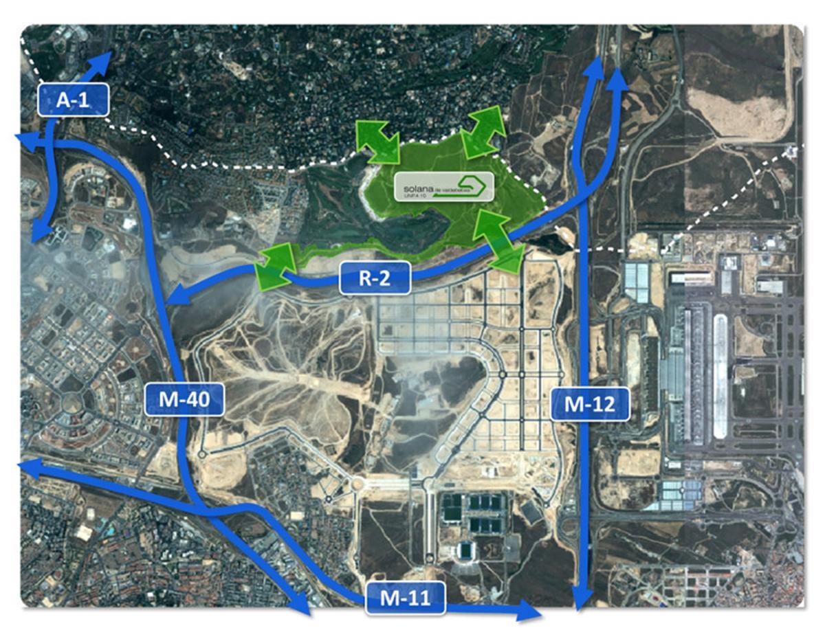 Situación de La Solana de Valdebebas entre las diferentes autovías del norte de Madrid