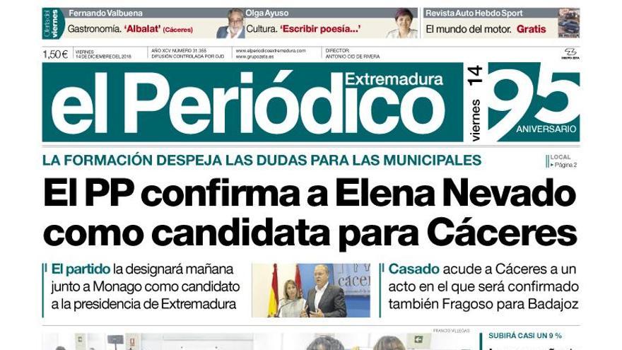 Esta es la portada de EL PERIÓDICO EXTREMADURA correspondiente al día 14 de diciembre del 2018