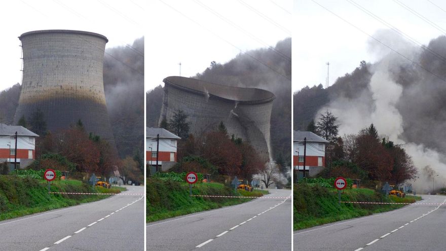 Desaparece el icono de la central térmica del Narcea en Soto de la Barca (Tineo): así fue su demolición