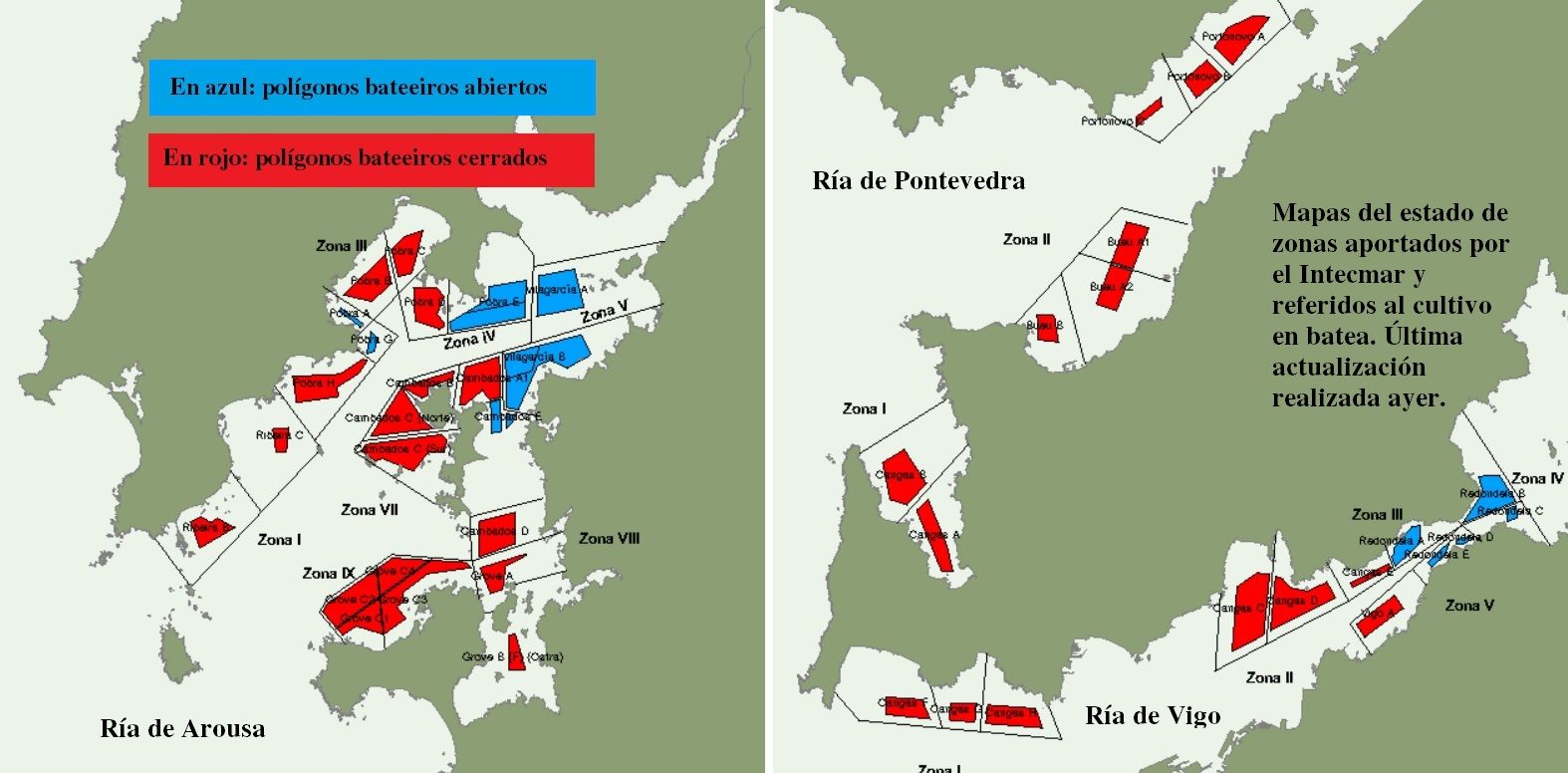 Mapas que demuestran la fuerte presencia de biotoxinas en las rías.