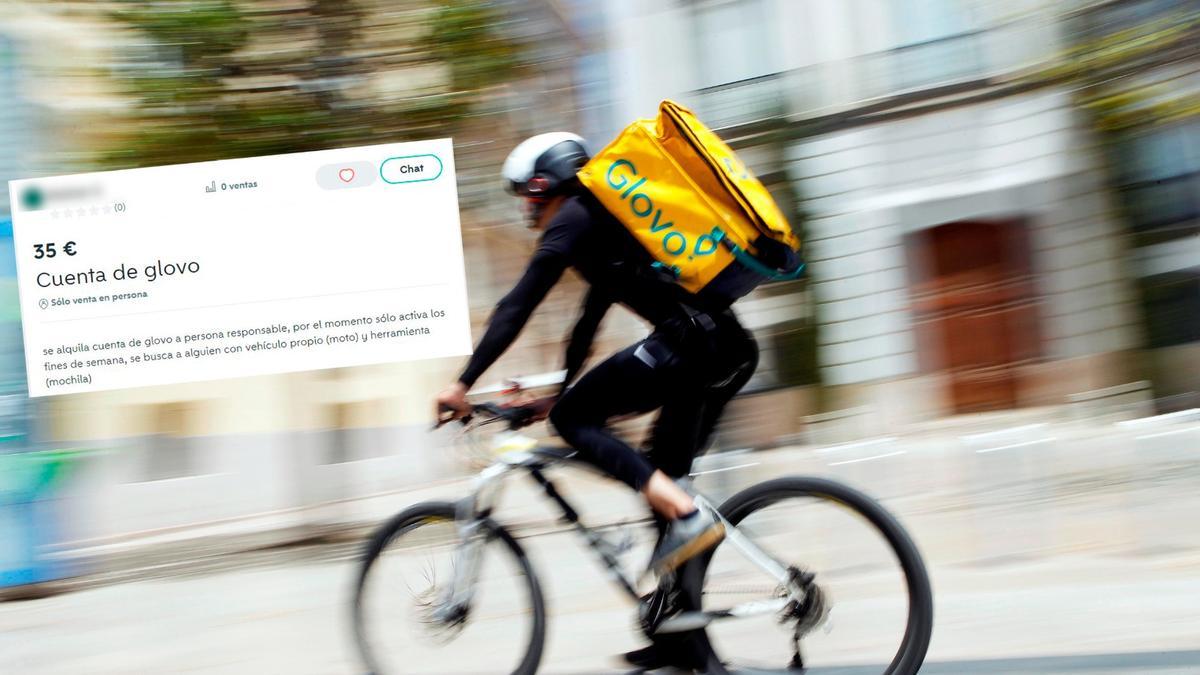 Un rider de Glovo con un anuncio de alquiler de cuenta publicado en Mallorca.
