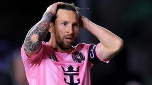 Feb 22, 2025; Fort Lauderdale, Florida, USA; Inter Miami CF forward Lionel Messi (10) reacts against New York City FC during the second half at Chase Stadium. Mandatory Credit: Sam Navarro-Imagn Images TPX IMAGES OF THE DAY