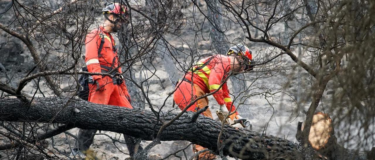 Dos militares de la UME trabajando ayer en la extinción y limpieza del incendio de Venta del Moro