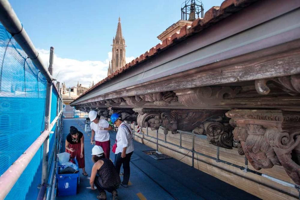 Die Dachtraufe an der Rathausfassade an Palmas Plaça Cort wird renoviert. Eine gute Gelegenheit, die Figuren aus nächster Nähe zu betrachten.