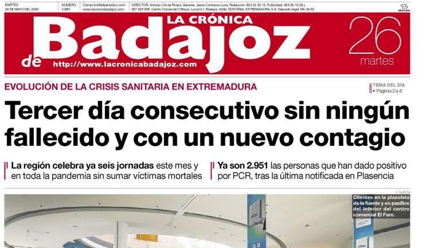 Esta es la portada de LA CRÓNICA DE BADAJOZ correspondiente al día 26 de mayo del 2020