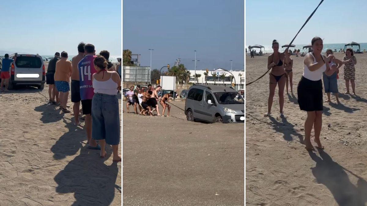 Bañistas ayudan a 'rescatar' un coche que estaba atrapado en la arena de la playa malagueña de Sacaba