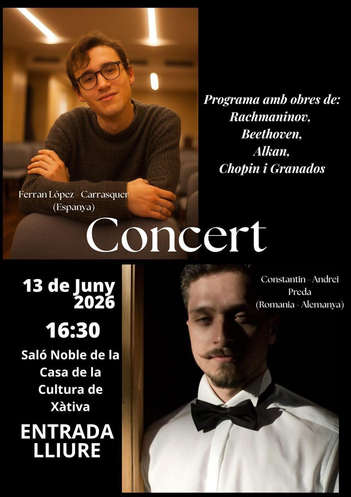 Cartel del concierto de López Carrasquer y Constantin Preda en Xàtiva.
