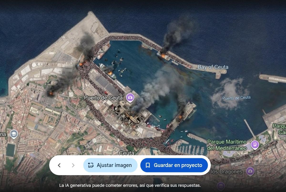 Recreación con la IA de Google Earth de una imagen satelital que muestra el puerto de Ceuta en llamas.