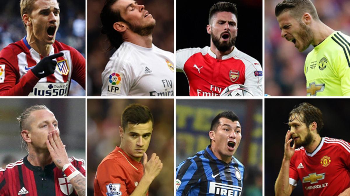 De izquierda a derecha y de arriba abajo: Griezmann (Atlético), Bale (R. Madrid), Giroud (Arsenal), De Gea (M. United), Mexes (Roma), Coutinho (Liverpool), Medel (Inter) y Blind (M. United)