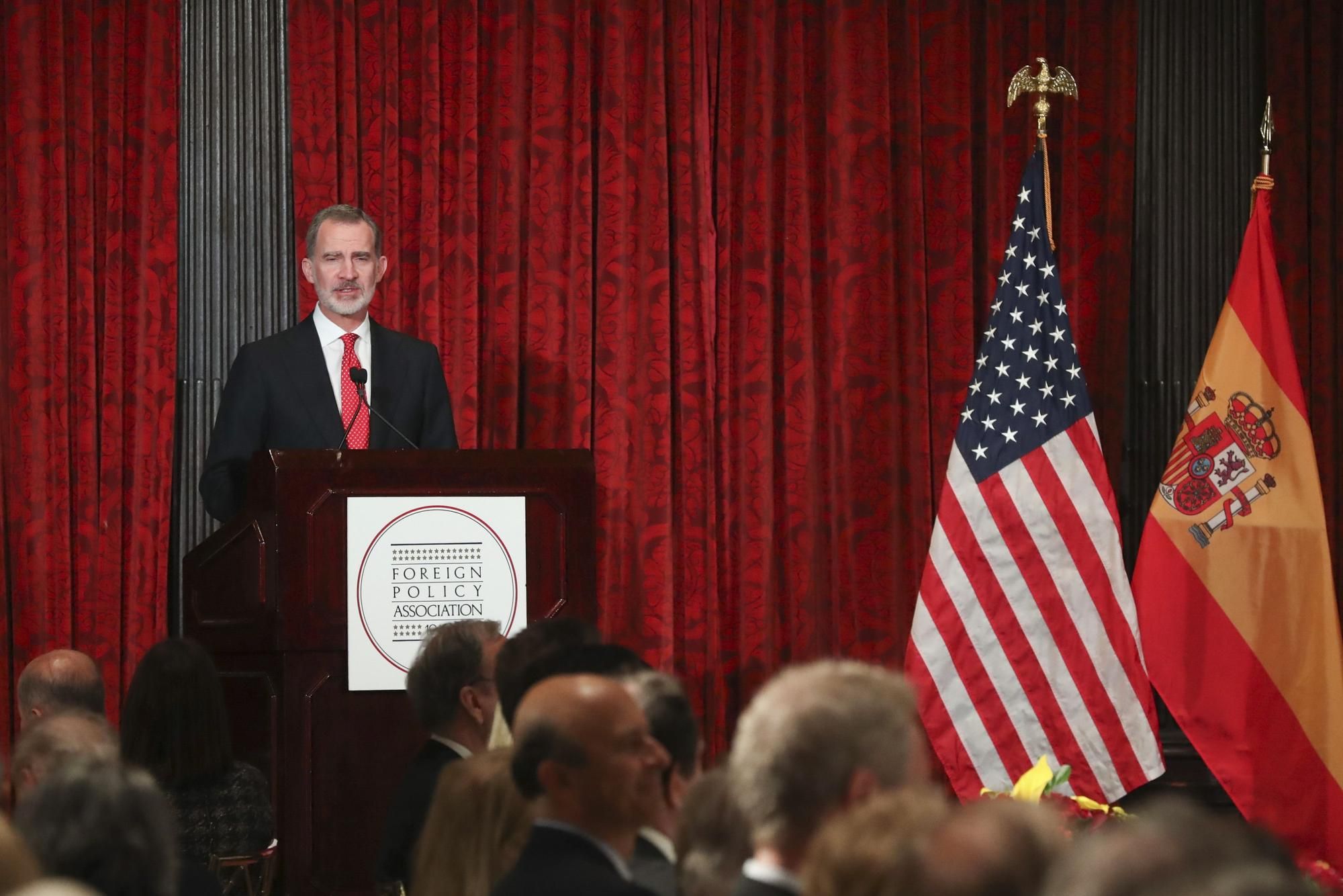 El rey Felipe VI, durante el acto en el que recibió la Medalla de la Foreign Policy Association, en Nueva York.