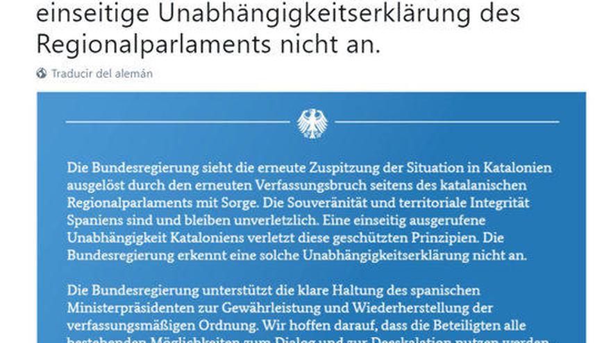 Alemanya no reconeix la DUI i espera que &quot;tothom&quot; participi de &quot;totes les possibilitats de diàleg&quot;