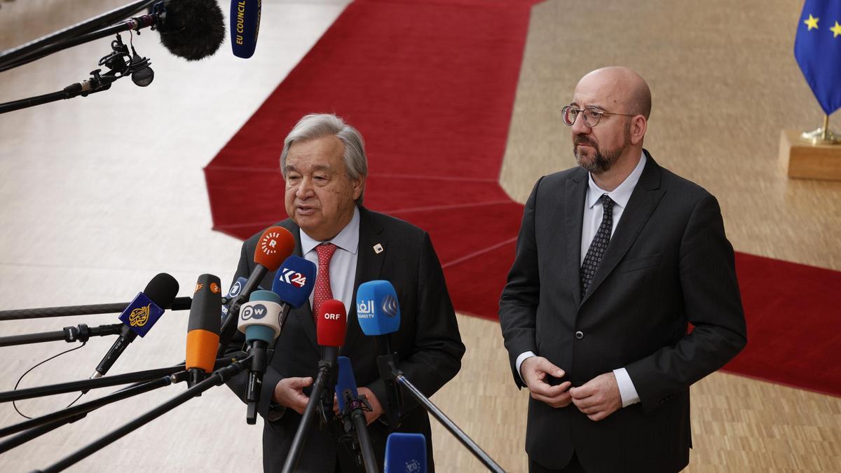 El secretario general de la ONU, António Guterres, y el presidente del Consejo Europeo, Charles Michel, este jueves en Bruselas.
