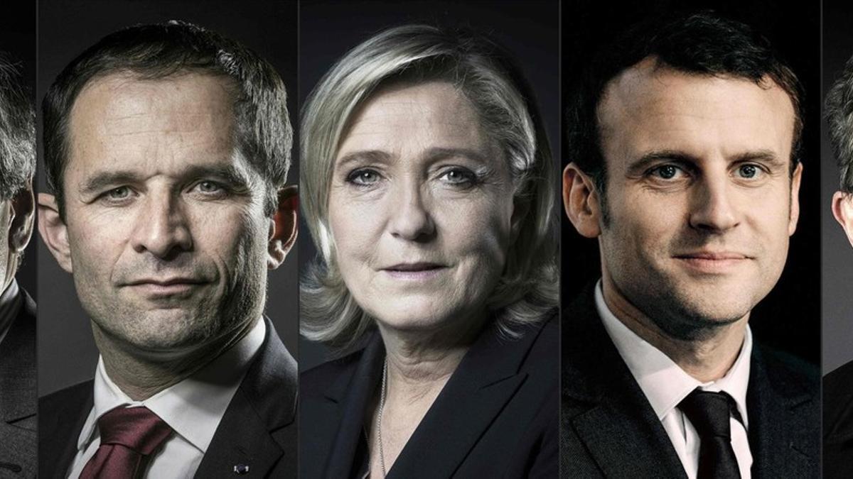 De izquierda a derecha, los candidatos al Elíseo: Fillon, Hamon, Le Pen, Macron y Mélenchon.