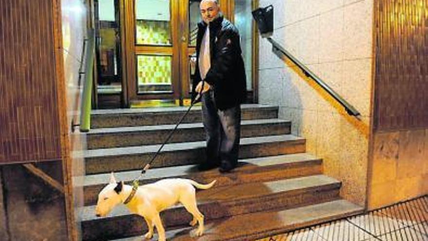 Agustín Iglesias Caunedo, en el portal de su casa, sacando a pasear a «Lothar», su perro bull terrier, antes de desayunar. | nacho orejas
