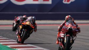 Austin (United States), 30/03/2026.- Ducati Team Marc Marquez (R) in action during the MotoGP race for the Motorcycling Grand Prix of the United States at the Circuit Of The Americas racetrack in Austin, Texas, USA, 29 March 2026. (Motociclismo, Estados Unidos) EFE/EPA/DUSTIN SAFRANEK