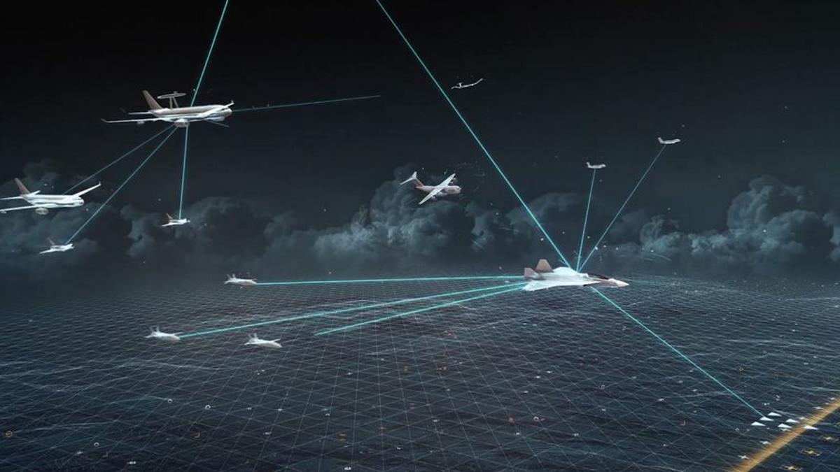 Futuro Sistema Aéreo de Combate europeo FCAS: un caza, drones y aviones cisterna, todo conectado en red a una &quot;nube de combate&quot;, el cerebro de las operaciones. Está previsto para 2040.