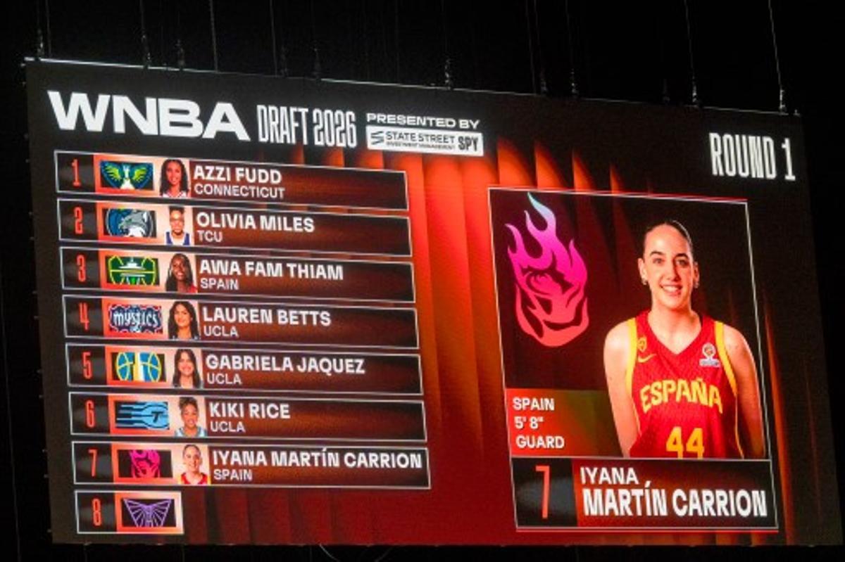El panel del draft de la WNBA mostrando la elección de Iyana Martín con el número 7.