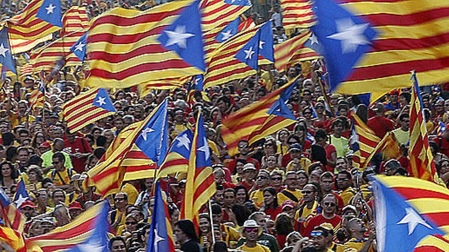 Personas ondeando estelada durante la Diada de 2014